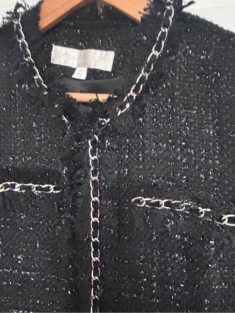 🫖MAKE OFFER Boston Proper Black Tweed Chain Trim Blazer Wool Blend Chanel inspo - Picture 4 of 8
